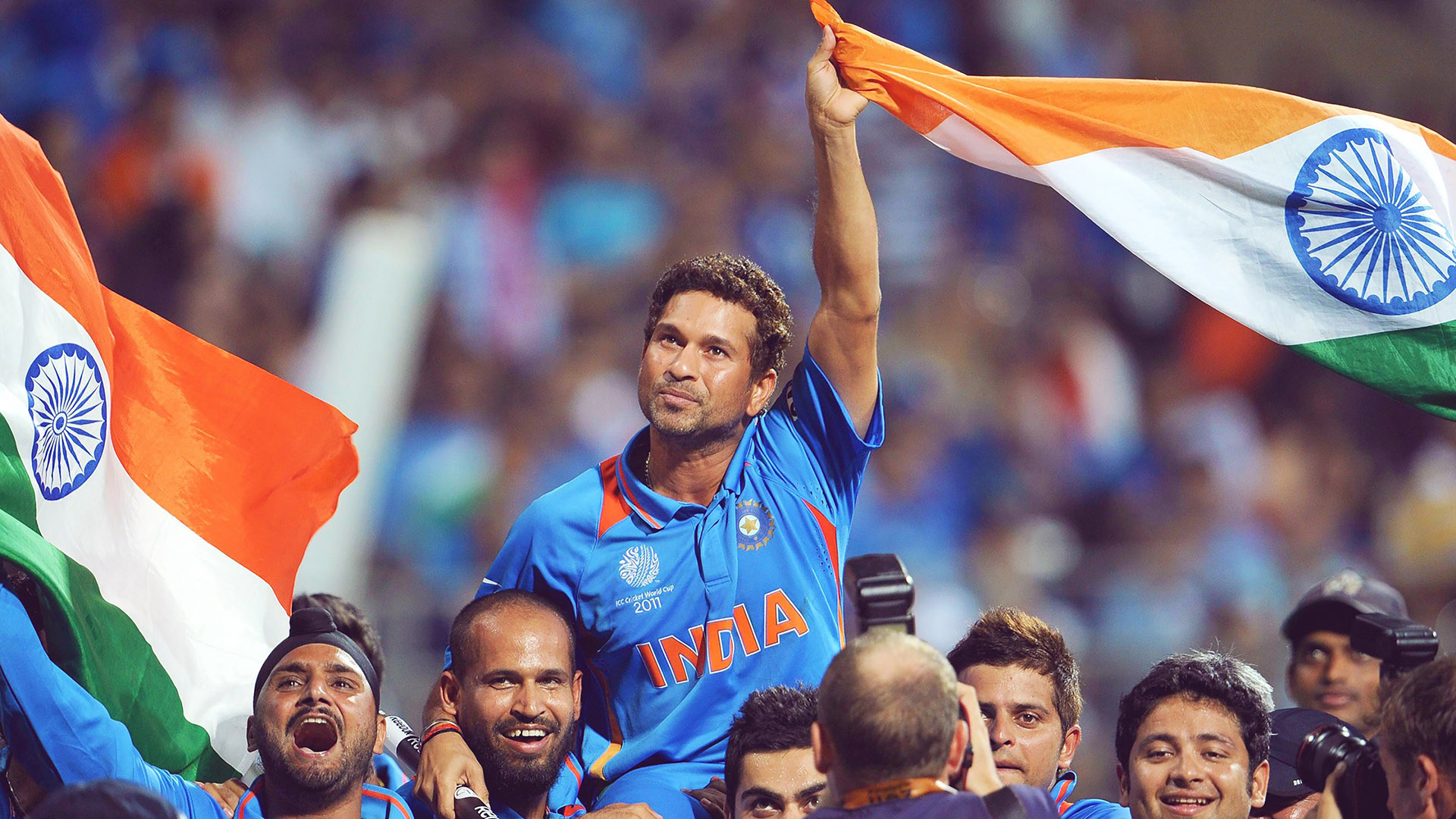 Sachin Tendulkar Celebrating 2011 Cricket World Cup India with Indian Flag