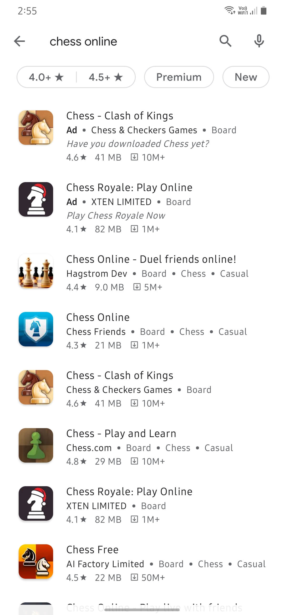 "Chess Online" search results on Play store