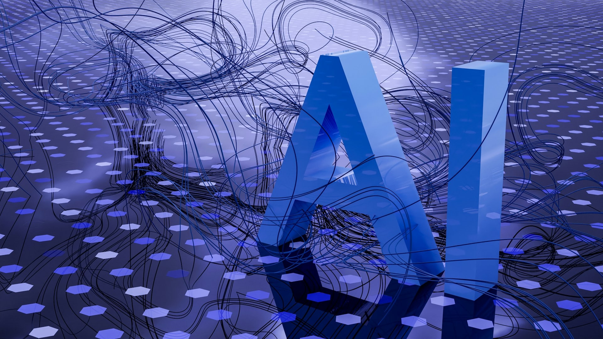 Block letters spelling out "AI" on a blue surface with hexagon print in different shades of blue. This represents the growing role of AI in the process of guided selling.