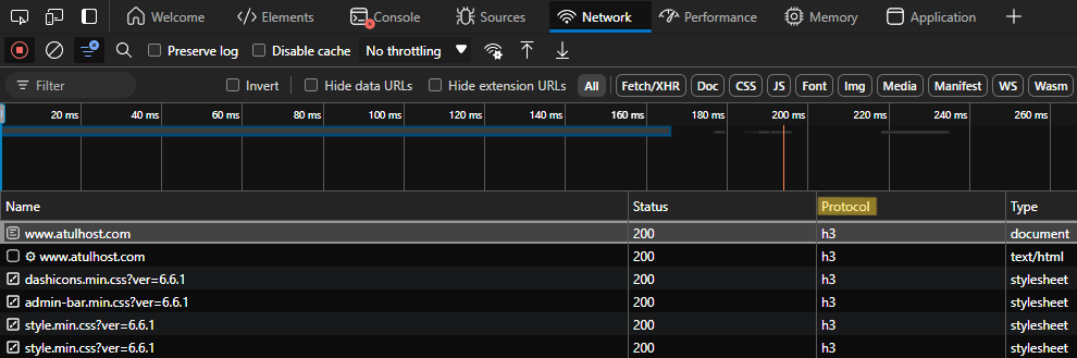 HTTP/3 test using browser's inspect tool